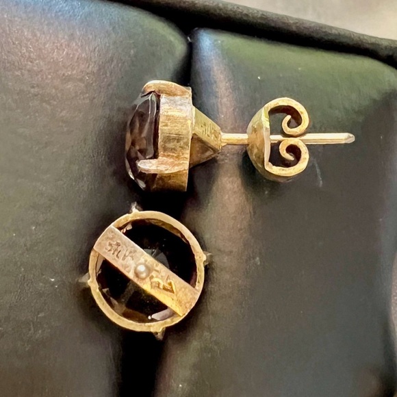 Vintage Handmade Smokey Quartz Stud Earrings. Antique Gold Designer Earrings - Picture 12 of 17